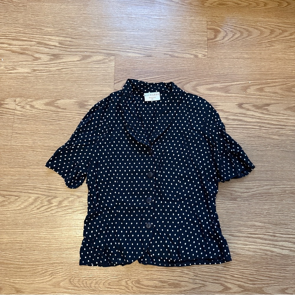 Richards Petite Black and White Polka Dot Button Down Shirt Sz 12P